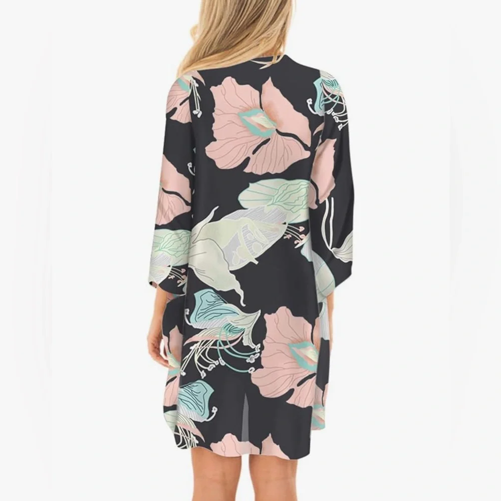 Women's 3/4 Sleeve Floral Kimono Cardigan Sheer Loose Fit Shawl Chiffon Cover-Up - Picture 2 of 12